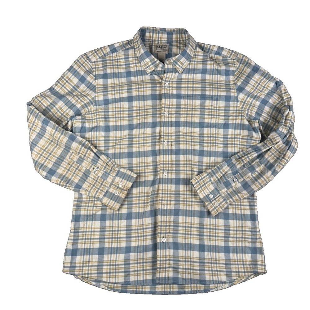 LL Bean Mens Large Regular Slightly Fitted Stretch Plaid Button Down Shirt Blue